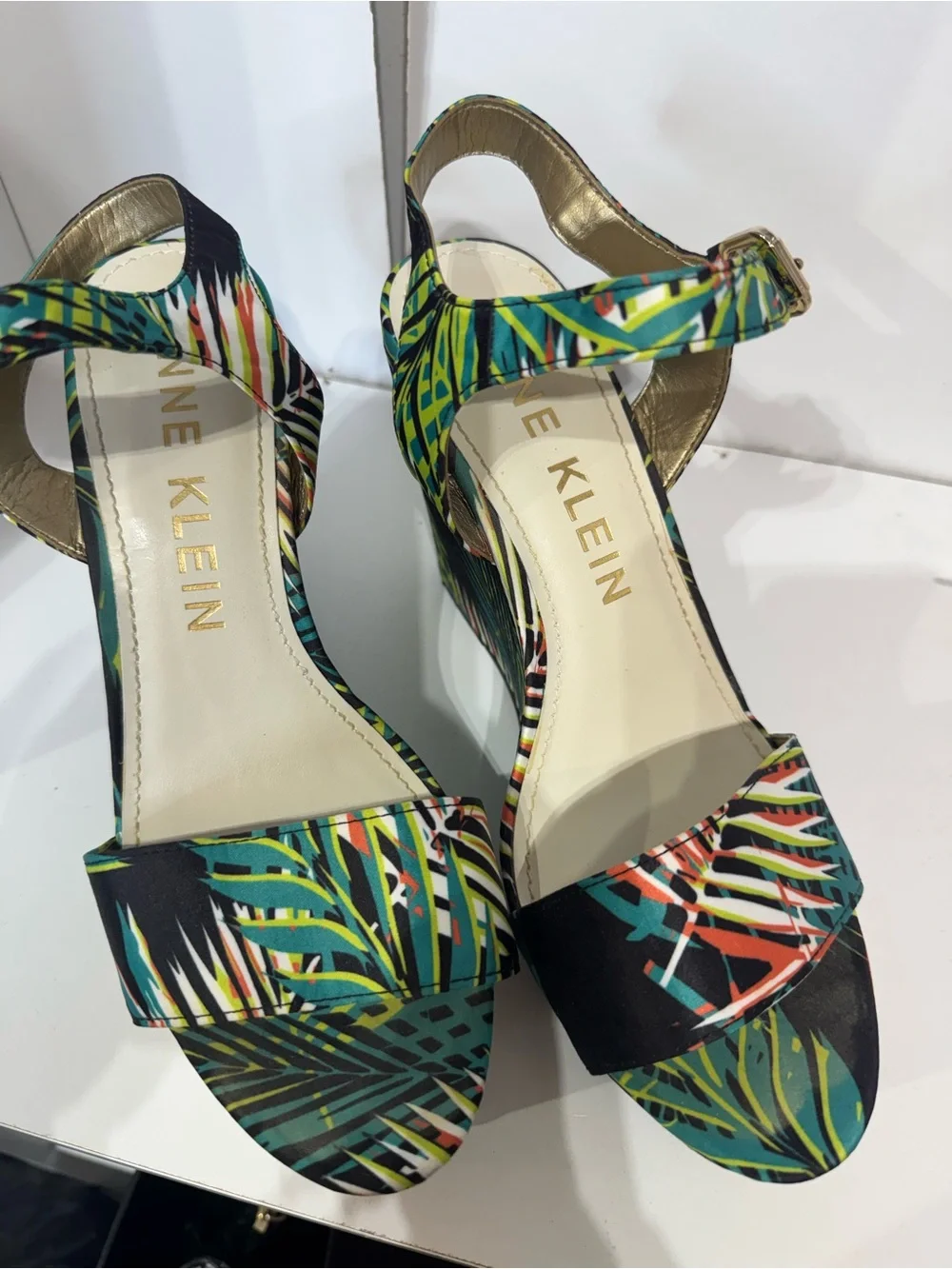Anne Klein Tropical Leaf Print Ankle-Strap Sandals in Green and Black